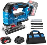 Dong Cheng 20V Brushless Jigsaw, 26mm Stroke, 800-3500 SPM, 0-45° Bevel, 6-Speed, Orbital Action, Dual LED, Dust Blower, with 4Ah Battery, Charger, 6 Blades, Guide Rail & Tool Bag