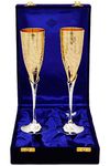 Indian Art Villa Set of 2 Silver Plated Gold Polish & Brass Champange Wine Glass with Blue Box, Best for Parties, Diwali Gift Set of 2 (Engraved, Silver & Gold Glass with Blue Box), Capacity - 200 ML