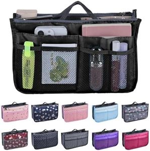 JJ PRIME - Multi-Compartment Handbag Insert | Expandable Liner Bag Pouch Zipper Closure | Tote Bag Organiser Insert with 13 Pockets and Handle for Easy Lifting (Travel, Cosmetics, Toiletries), Black