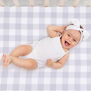 JISEN Baby Crib Sheet 1 Piece Portable Fitted Crib Sheet for Standard Crib and Toddler Mattresses Nursery Bed Decor for Boys Girls 28x52 Inch Grid Grey White