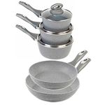 Salter COMBO-6440 Pot & Pan Set – 5 Piece Non-Stick Cookware, Induction Hob Suitable, 20/24cm Frying Pans & 16/18/20cm Saucepans with Lids, Kitchen Cooking Set, Soft Grip Handles, Marblestone, Grey