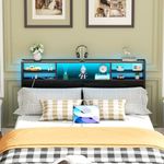 Furnulem Queen Size Headboards Sturdy Queen Bed Headboard Only with USB Ports & Outlets LED Light Wood Headboard Queen with 3 Tier Storage Shelves Modern Height Adjustable Queen Size Headboard