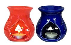 Mkd2 Rise Ceramic Aroma Oil Burner Diffuser Lamp for Home Fragrance (Red & Blue) -Set of 2