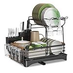 Fuvdreamer Dish Rack，Dish Drying Rack, Dish Racks with Drain Board，Double Layer Dish Rack for Kitchen Counter with Drainage Plate and Rotating Nozzle,Drying Rack Kitchen,Dish Rack Over The Sink