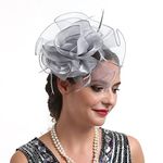 Women Fascinators Hat Organza Flower Fascinators Wedding Fascinators Tea Party Hat Flapper Pillbox Fascinator Hat Derby Ascot Hat with Headband Hairclips Headdress Headpieces Grey