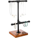 MyGift 2 Tier Metal Industrial Pipe T-Bar Jewelry Necklace & Bracelets Display Tower w/Wood Base, Black