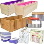 Soap Making Kit with Wooden Cutter Soap Molds Silicone 44oz Purple | Melt and Pour or Cold Process, 50pc Soap Packaging Paper Bags, Stainless Steel Wavy & Straight Slicer | Gift for Wife Women soaper