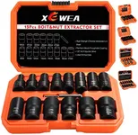 XEWEA Bolt Extractor Set, 15PCS Lug Nut Removal Tools Twist Extractor Socket Set for Damaged, Frozen,Studs,Rusted, Rounded-Off Bolts & Nuts Screws