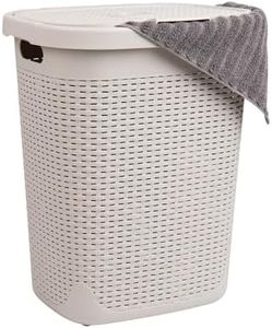 Mind Reader 50L Slim Laundry Hamper, Clothes Basket, Lid, Wicker Design, Plastic, 17.65" L x 13.75" W x 21" H, Ivory