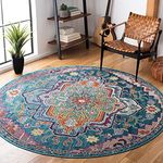 Safavieh Boho Chic Oriental Medallion Distressed Non-Shedding Stain Resistant Living Room Bedroom Area Rug, Polypropylene, Teal/Rose, x 7 ft Round