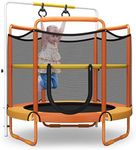 HONEY JOY 60"/5FT Trampoline for Kids, 3-in-1 Heavy Duty Mini Trampoline w/Ring and Horizontal Bar, Adjustable Height, Enclosure Net, Outdoor Indoor Recreational Trampoline for 3+ Years Old