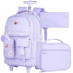 WZLVO 3PCS Rolling Backpack for Girls and Women,21 inch Roller Wheeled Backpacks with Lunch Bag for Teens Elementary School, Purple, Laptop Backpacks