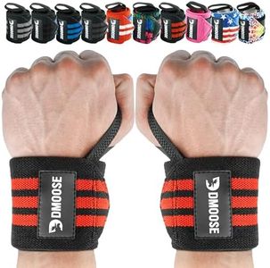 DMoose Lifting Wrist Wraps 12 and 18 Inches Thumb Loops with Wrist Support for Workouts Powerlifting Wrist Straps for Weight Lifting Red Stripes I