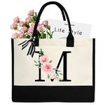 sundee Personalized Initial Canvas Beach Bag, Canvas Tote Bag with Inner Zipper Pocket, Monogrammed Gifts Tote Bag for Wedding, Birthday, Holiday - Letter M