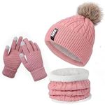 X-LENT Stylish Winter, Faux Fur Pom Beanie Hat, Knit Scarf and Touch Gloves Set | Beanie Style | 3 Piece Set - Stay Warm (Pink)
