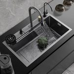 HOMEDELI Nano 304 Grade Stainless Steel Single Bowl Handmade Silver Color Kitchen Sink With Waterfall Faucet/Abs Soap Dispenser/Cup Washer / 2-Drain Basket (30X18X9 Inch BLACK)