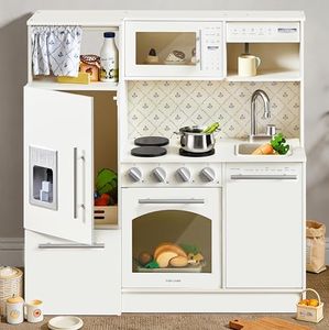 Tiny Land Wooden Play Kitchen Set for Kids, Realistic Pretend Toy with Oven, Microwave, Refrigerator, Dishwasher & Coffee Maker, Toddler Kitchen Toy with Floral Design for Boys & Girls