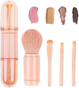 Small Makeup Brush Set Pink - 4 in 1 Portable Travel Lip Brush, Highlight Brush, Eyeshadow Brush, Foundation Blending Powder Brush Retractable Mini Facial Cosmetic Brush Set