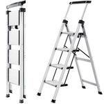 XinSunho Step Ladder 4 Step, Aluminum Folding Step Stool with Retractable Handgrip & Removable Tool Tray, Lightweight Stepladders for High Closet, 330LBS Household 4 Step Ladder - Silver