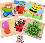 Wooden Toddler Puzzles, 6 Pack Animal Wooden Jigsaw Puzzles for Kids Baby Boys Girls Brain Development Preschool Learning Educational Toy, Extra Drawstring Bag for Easy Storage