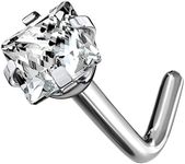 FIFTH CUE Prong Set Square Diamond CZ Solid Grade 23 Titanium L Bend Stud Nose Ring (20G | 1/4" (6mm) | 2x2mm CZ)