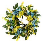 Artificial Winter Jasmine Wreath with Green Leaves,Four Seasons Front Door Wreath for Indoor Outdoor,Floral Door Wreath for Wedding Birthday Living Room Decor