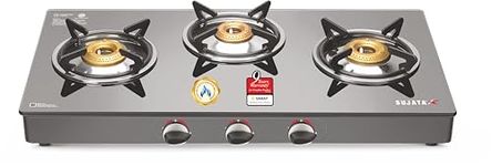 Sujata Standard Auto Ignition Gas Stove 3 Burner | 9 Years Warranty | 3 Burner Gas Stove Glass Top, Stove 3 Burners, ISI Certified, SABAF Valve, LPG & PNG Compatible, 360° Rotating Nozzle (Black)