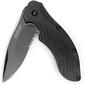 Kershaw Clash Black Serrated Pocketknife, 3" 8Cr13MoV Steel Drop Point Blade, Assisted One-Handed Flipper Opening, Folding Utility EDC