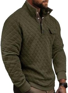 PLEPAN Mens Quilted Pullover Casual Long Sleeve Crewneck Quarter Zip Fashion Pullovers Sweater Jackets with Pockets Olive Green US 38(S)