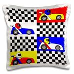 3dRose Boy Stuff Blue Red Yellow Racecars Checkered Flag Design-Pillow Case, 16 by 16" (pc_25340_1)