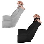 INNERSTYLE Cotton Arm Sleeves for Men with Thumb Hole Compression Sun UV Protection Summer Sun Block Hand Shocks for Boy, Grey Black, Pair 2