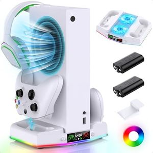 FYOUNG Charging Station for Xbox Series S Console, Upgrade Vertical Controller Charging Station Accessory with 15 RGB Light, Cooler Fan System, 2 x 1400 mAh Rechargeable Battery, Headset Holder