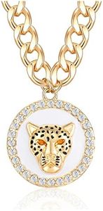 OSCCI Women's Gold Crystal Leopard Head Necklace Statement Hip Hop Chunky Choker Chain Cocktail Costume Party Jewelry (White Pendant)