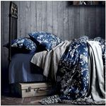 Eastern Floral Chinoiserie Blossom Print Duvet Quilt Cover Navy Blue Tan White Asian Style Botanical Tree Branches Ornamental Drawing 400TC Egyptian Cotton 3pc Bedding Set (King)