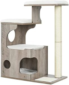 Feandrea WoodyWonders Cat Tree, 86 cm Modern Cat Tower with Cat Cave, 3 Perches, Scratching Post and Mat, Removable Washable Plush Cushions, Greige and White PCT070G01