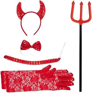 BLUE PANDA 5 Piece Devil Halloween Costume for Girls Ages 6-14 with Red Horned Headband, Bow Tie, Tail, Pitchfork, and Gloves, Complete Girls Devil Costume Set for Halloween Parties and Dress-Up