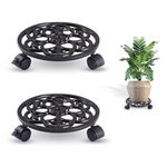 Sharpex Pack of 2 Metal Caddy Iron Dolly on Round Rack Rustproof Sturdy Potted Indoor Outdoor Plant Stand/Trolley With Locking Wheels for Balcony, Living Room, Home and Garden (Black)