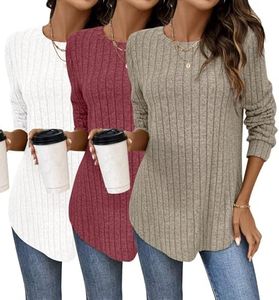 Bliwov 3 Pack Womens Curved Hem Long Sleeve Shirts Fall Sweaters Tunic Tops