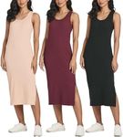 3 Pack Summer Dress Midi Dresses Women Long Sun Cotton Shift Casual Ribbed Swing Slit Stretchy Ladies Sleeveless Calf Length Tank Rib Knit Jersey Beach