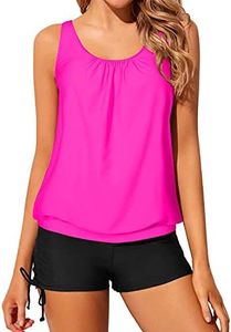 Yonique Blouson Tankini Swimsuits for Women 2 Piece Bathing Suits Tops with Boyshorts Modest Loose Fit Swimwear, Hot Pink-1, Large