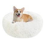 Calming Dog Cat Donut Bed - 23.6in Fluffy Plush Puppy Kitten Cuddler Round Bed, Warm and Soft Pet Cosy Anti Anxiety Beds with Non-Slip Bottom and Washable (L-60CM, White)