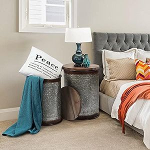 RUSTOWN Farmhouse Accent Side Table, Rustic Storage Ottoman Seat Stool, Galvanized Antique Metal End Table Box Bin with Round Wood Lid, Coffee or Cocktail Table, Nesting Pieces Two (Galvanized)