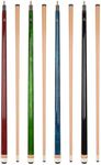 Aska Set of 4 Wrapless L3 Billiard Pool Cues, 58" Hard Rock Canadian Maple, 13mm Hard Le Pro Tip, Mixed Weights, Black, Blue, Green, Red.