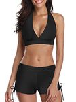 American Trends Women Halter Two Piece Boyshort Bikini V Neck Swimsuit Athletic Sporty Swimwear Push Up Bathing Suit A Classic Black XL (US Size 10-12)