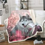 Feelyou Husky Sherpa Blanket Cute Dog Sakura Fleece Throw Blanket for Kids Girls Cherry Blossom Plush Blanket Botanical Flowers Fuzzy Blanket Soft Lightweight Pink 60"X80"