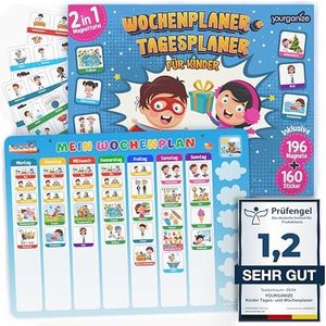 YOURGANIZE® 2-in-1 Wochenplaner Kinder & Tagesplaner Kinder - Montessori Magnettafel inkl. 196 Magnete & zusätzliche 160 Sticker zum Personalisieren der Routine Karten