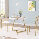 Amyove Dining Table Set for 2, Round Kitchen Table and Chairs for 2, Modern Dining Room Table Set with 2 Metal and Wood Chairs, Kitchen Table Set for Small Space, Apartment, Marble White and Gold