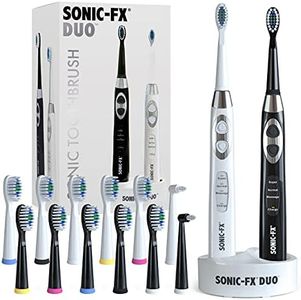 Sonic-FX Duo Dual Handle Rechargeable Electric Toothbrush Set for Adults and Kids - 3 Modes, Smart Auto-Timer - with Charging Dock Brush Holder and 14 Brush Heads - Black and White