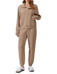 PINSPARK 2 Piece Sets for Women Travel Fall 2024 Sweatsuits Drawstring Jogger Sweatpants Half Zip Pullover Airport Outfits,Khaki Small