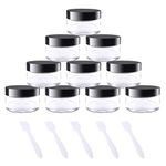 kuou 10 * 15ml Empty Plastic Cosmetic Jars, Sample Containers Pots Bottles with Black Screw Lids and 5pcs Spatulas for DIY Travel Makeup Creams/Powder/Mineral Make Up Cosmetic